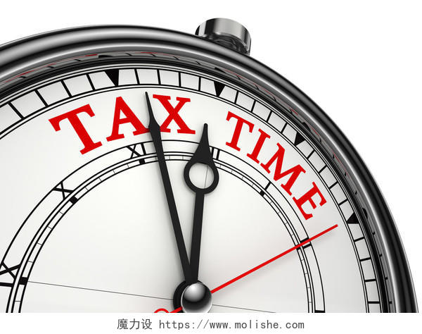 孤立与红色和黑色的字在白色背景上的纳税时间概念时钟特写